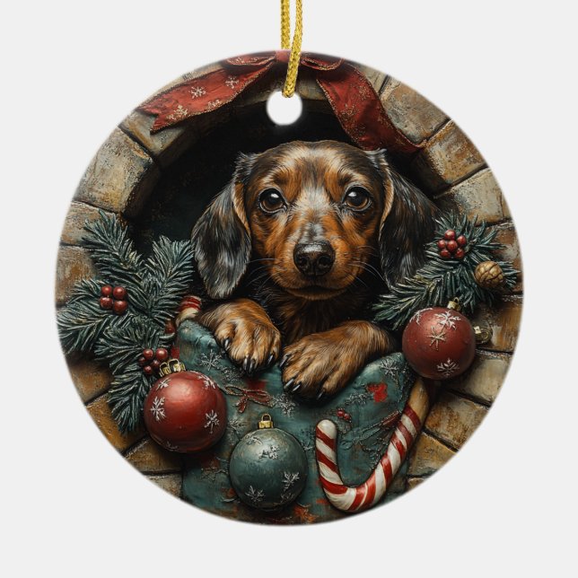 Adorno De Cerámica Navidades de Dachshund (Frente)