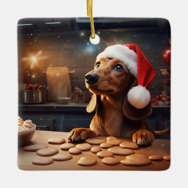 Adorno De Cerámica Navidades de Dachshund celebran festividades (Anverso)