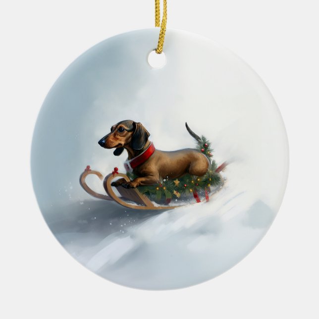 Adorno De Cerámica Navidades de Dachshund en invierno (Frente)