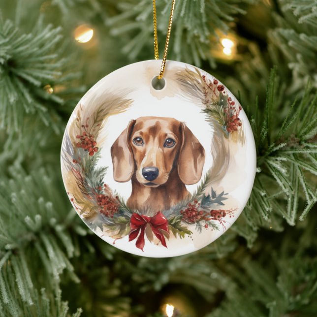 Adorno De Cerámica Navidades de Dachshund en un grupo festivo (Árbol)