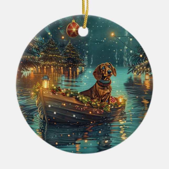 Adorno De Cerámica Navidades de Dachshund en un viaje festivo (Frente)