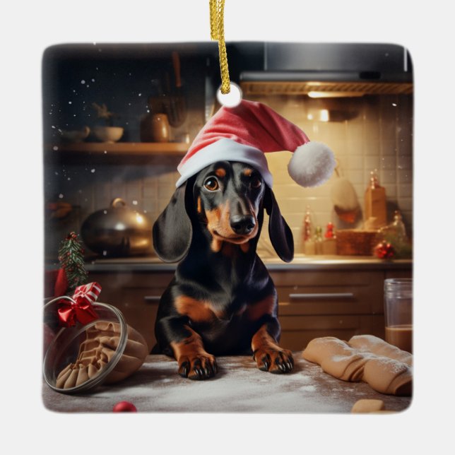 Adorno De Cerámica Navidades de Dachshund en vacaciones (Anverso)