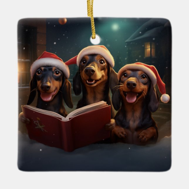 Adorno De Cerámica Navidades de Dachshunds celebran fiesta (Anverso)