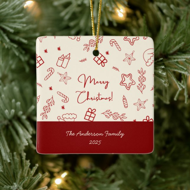 Adorno De Cerámica Navidades De Doodle Rojo De Mano Dibujados A Mano (Árbol)