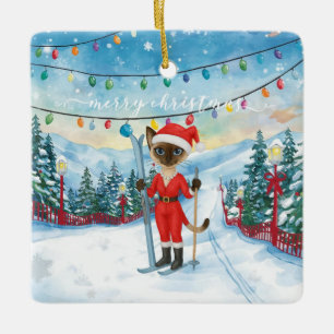 Adorno De Cerámica Navidades de esquí para gatos de Santa Siamese que