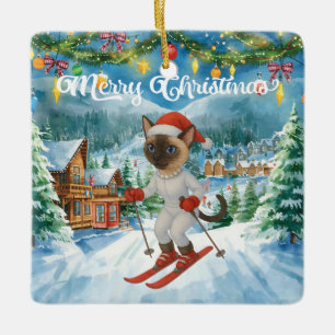Adorno De Cerámica Navidades de esquí para gatos de Santa Siamese que