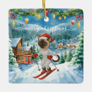 Adorno De Cerámica Navidades de esquí para gatos de Santa Siamese que