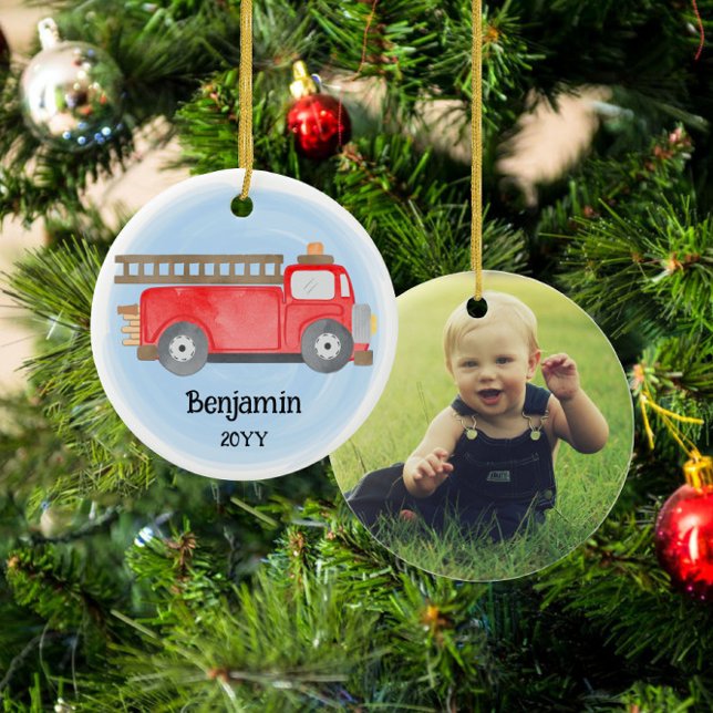 Adorno De Cerámica Navidades de Fire Truck Fireman Photo Keepsake (Subido por el creador)