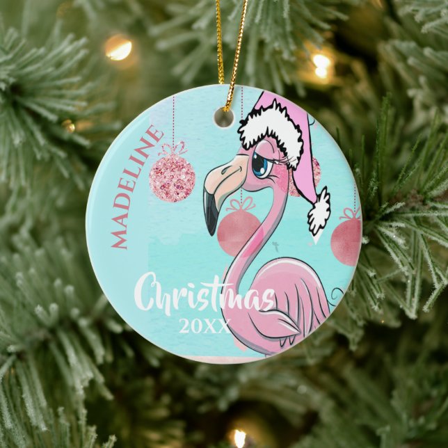 Adorno De Cerámica Navidades de Flamingo Santa Hat Blue Pink Girly Cu (Árbol)