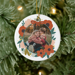 Adorno De Cerámica Navidades de flores rojas botánicas de vacaciones