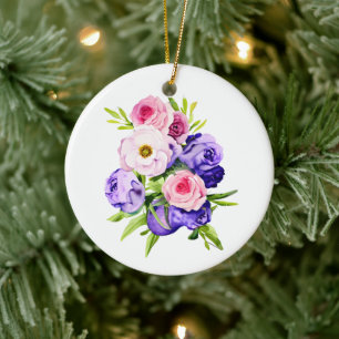 Adorno De Cerámica Navidades de flores rosadas y moradas personalizad