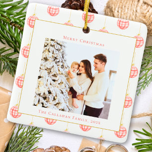 Adorno De Cerámica Navidades de foto de Personalizado Cute Red Gingha