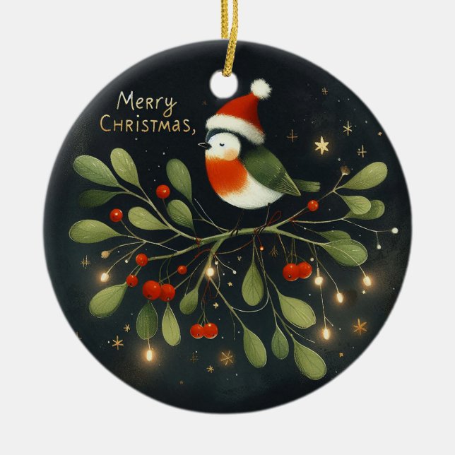 Adorno De Cerámica Navidades de foto para bebés Mistletoe Robin Wreat (Frente)