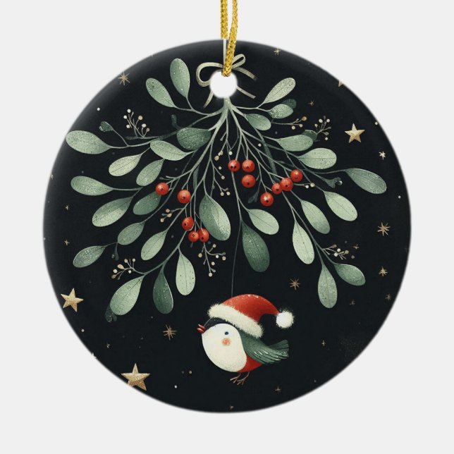 Adorno De Cerámica Navidades de foto para bebés Mistletoe Robin Wreat (Frente)