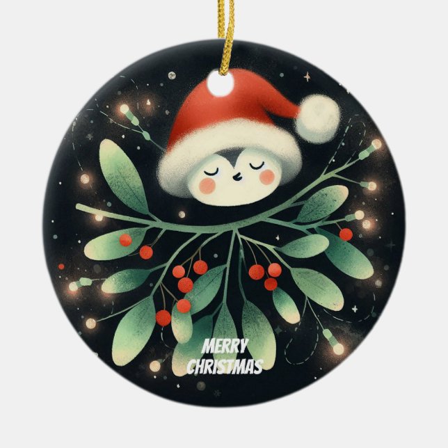 Adorno De Cerámica Navidades de foto para bebés Mistletoe Robin Wreat (Frente)