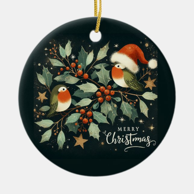 Adorno De Cerámica Navidades de foto para bebés Mistletoe Robin Wreat (Frente)