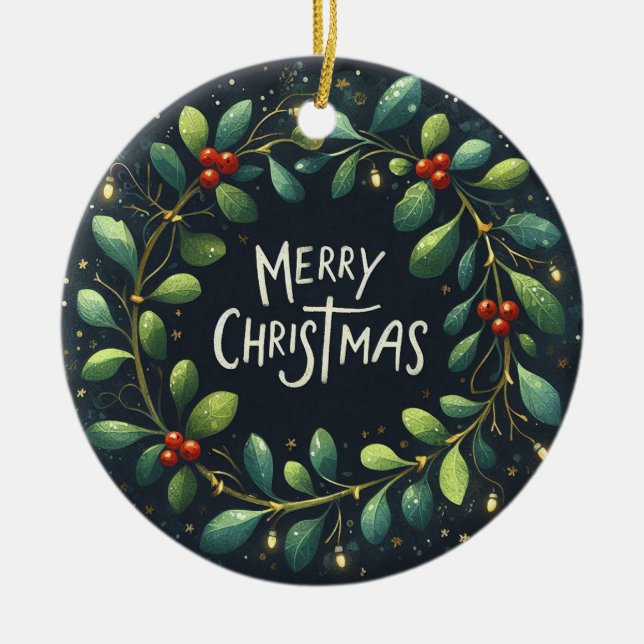 Adorno De Cerámica Navidades de foto para bebés Mistletoe Wreath (Frente)