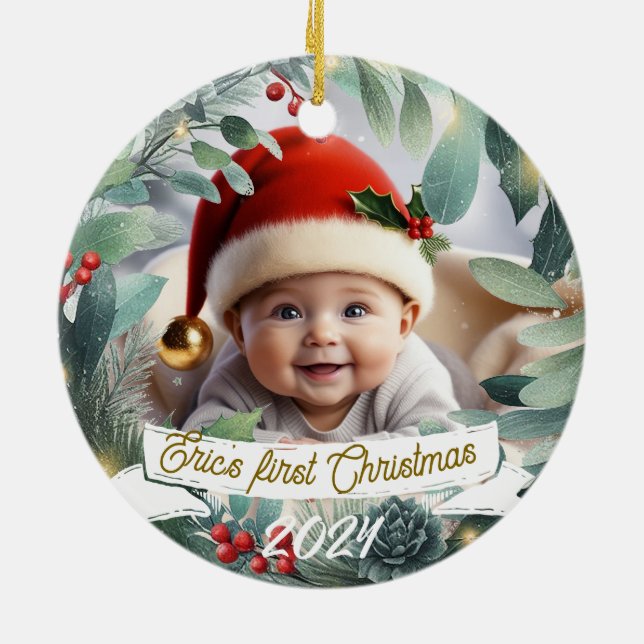 Adorno De Cerámica Navidades de foto para bebés Mistletoe Wreath (Atrás)