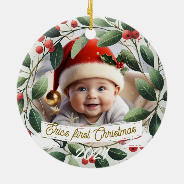Adorno De Cerámica Navidades de foto para bebés Mistletoe Wreath (Atrás)