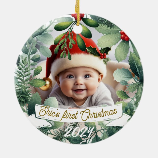 Adorno De Cerámica Navidades de foto para bebés Mistletoe Wreath (Atrás)