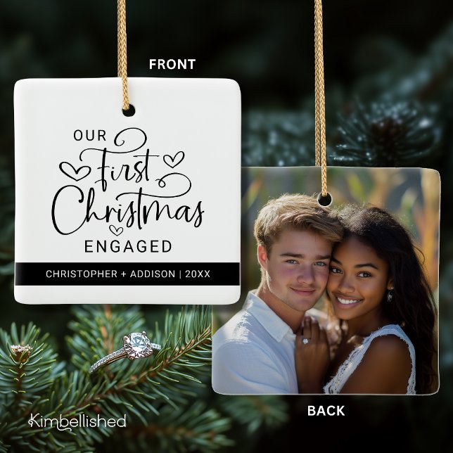 Adorno De Cerámica Navidades de fotografía comprometidos de la primer (Front + Back on Ceramic Square Ornament)