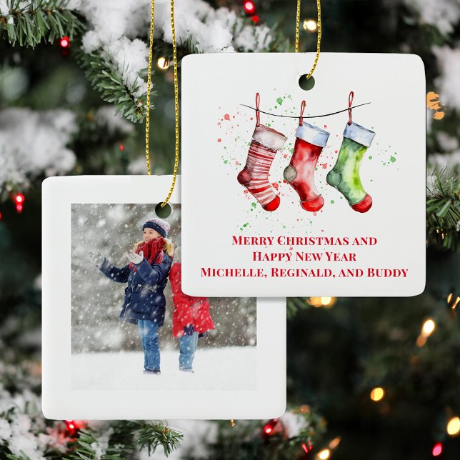 Adorno De Cerámica Navidades de fotografía de acuarela simple (Watercolor Stocking Custom Photo Ornaments)