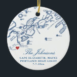 Adorno De Cerámica Navidades de fotografía de Cape Elizabeth Maine Ma<br><div class="desc">Conmemorar a tu boda de Cape Elizabeth, Maine, con nuestro elegante ornamento navideño personalizado con el tema del mapa de Casco Bay azul marino. Con el diseño del mapa en la parte delantera y su preciada foto boda en la parte trasera, este keepsake es un hermoso recordatorio de su día...</div>