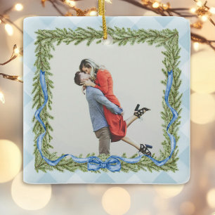 Adorno De Cerámica navidades de fotografía de gingham azul preppy