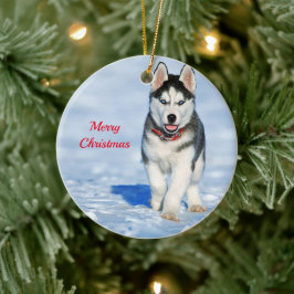 Adorno De Cerámica Navidades de fotografía de Husky Puppy Snow