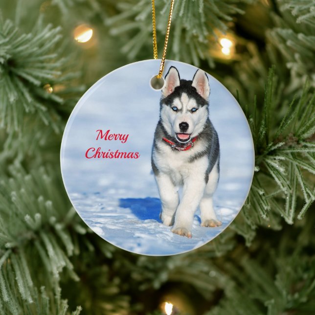 Adorno De Cerámica Navidades de fotografía de Husky Puppy Snow (Árbol)