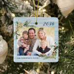 Adorno De Cerámica Navidades de fotografía de la familia Rustic Beach<br><div class="desc">Este adorno navideño inspirado en la playa con un fondo rústico de madera hace un gran regalo anual de vacaciones, fácilmente personalizado para un regalo único con las plantillas de fotos y texto. Marcas acuáticas de colores de hojaldre, pino y pez estrella en dos esquinas enmarcan las fotos a ambos...</div>