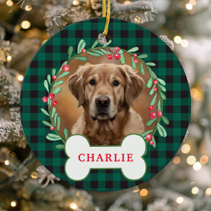Adorno De Cerámica Navidades de fotografía de perro enrollado verde y