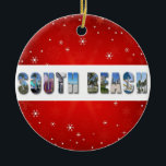 Adorno De Cerámica Navidades de fotografía de viajes South Beach Miam<br><div class="desc">Muestra tu amor por South Beach,  Miami,  Florida esta temporada de vacaciones con esta festividad de la foto de Navidad! El color del collage es océano,  playa,  palmera,  estación de socorristas y otras fotos.</div>