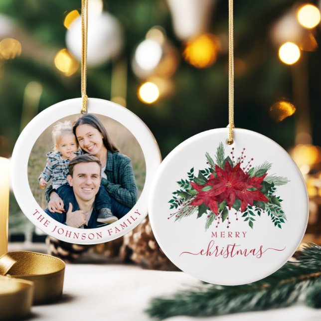 Adorno De Cerámica Navidades de fotografía festivos de Poinsettia (Festive Poinsettia Photo Christmas Ceramic Ornament)