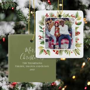Adorno De Cerámica Navidades de fotografía follaje rojo y verde