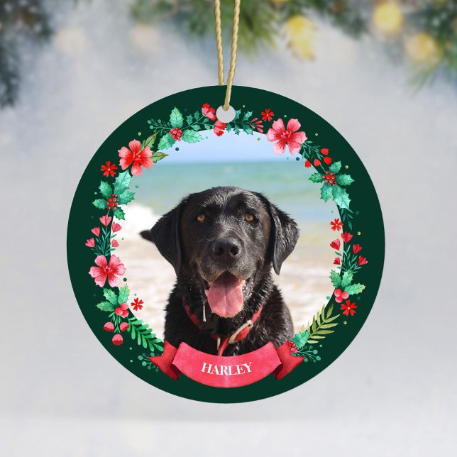 Adorno De Cerámica Navidades de fotografía mascota Dog 2 (Pet Dog Two Photo Christmas Wreath Ceramic Ornament)