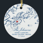 Adorno De Cerámica Navidades de fotografía recién casados del Mapa Ma<br><div class="desc">Conmemorar a tu boda de Peaks Island con nuestro adorno navideño boda personalizado, que incluye un elegante mapa de la bahía de Casco en la parte delantera y la foto de tu boda en la parte trasera. Perfecto para las parejas casadas en The Inn on Peaks Island o en Jones...</div>