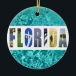 Adorno De Cerámica Navidades de Fotos de Viajes en Florida Beach Ocea<br><div class="desc">¡Muestre su amor por el estado de Florida esta temporada navideña con este adorno festivo de Navidad! ¡El collage de colores incluye océano,  playa,  palmeras,  faro,  golf y fotos de tenis!</div>