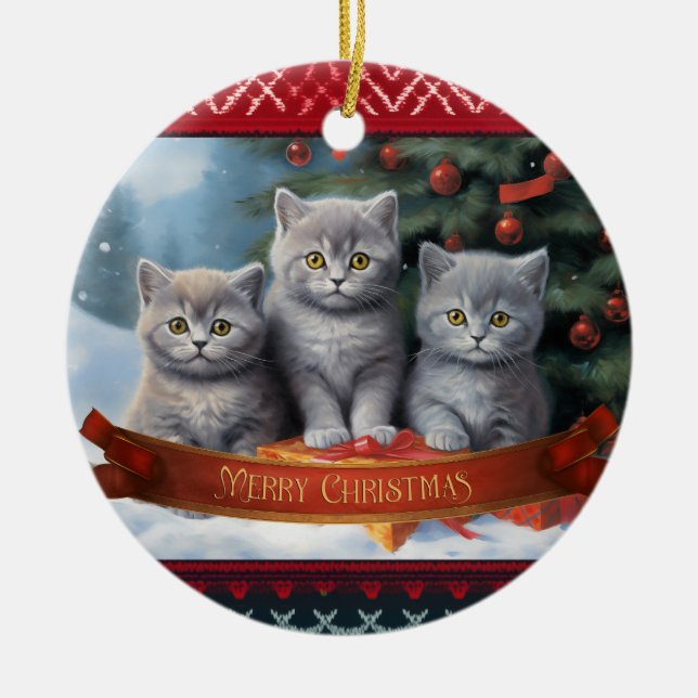 Adorno De Cerámica Navidades de gatitos en el shorthair del Reino Uni (Frente)