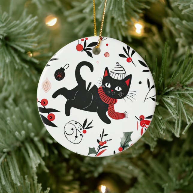 Adorno De Cerámica Navidades de gato negro retro (Árbol)