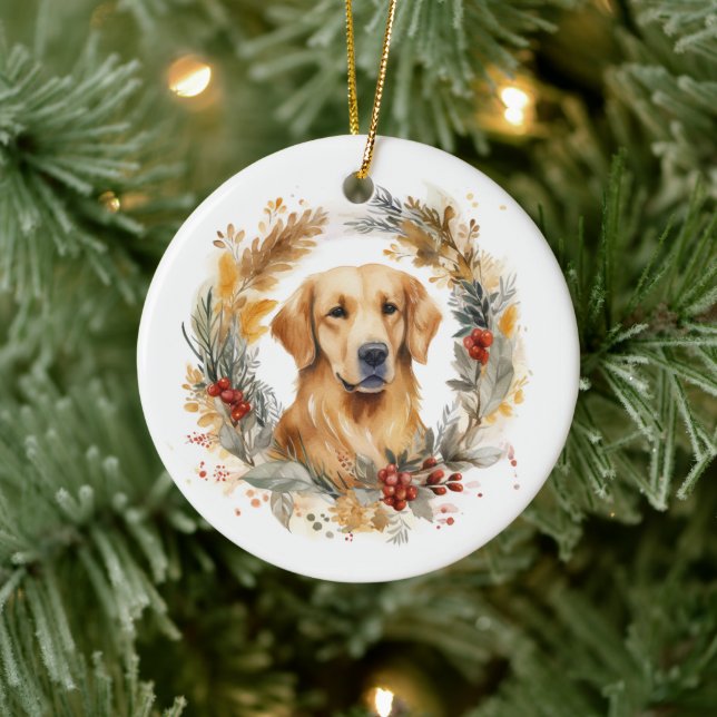 Adorno De Cerámica Navidades de Golden Retriever Wreath Festial Pup (Árbol)