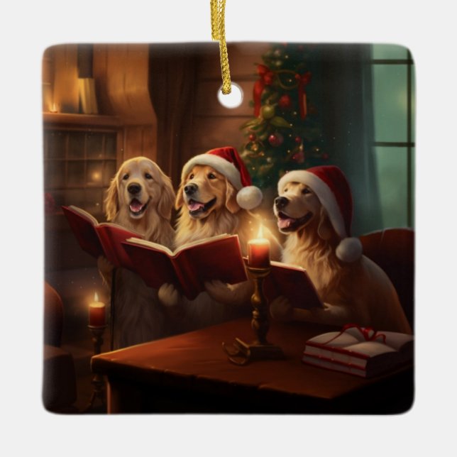 Adorno De Cerámica Navidades de Golden Retrivers cargando vacaciones (Anverso)