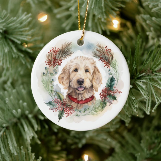 Adorno De Cerámica Navidades de Goldendoodle Wreath Festial Pup (Árbol)