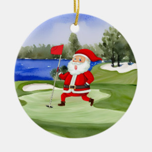 Adorno De Cerámica Navidades de golf Santa Claus sostiene la bandera 