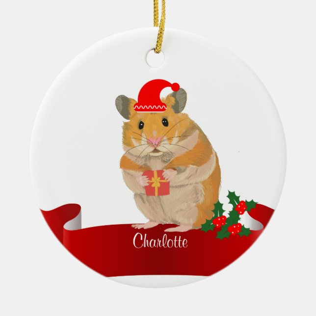 Adorno De Cerámica Navidades de Hamster Dorado (Frente)