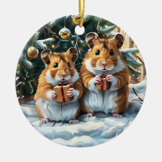 Adorno De Cerámica Navidades De Hamsters Con Regalos (Frente)