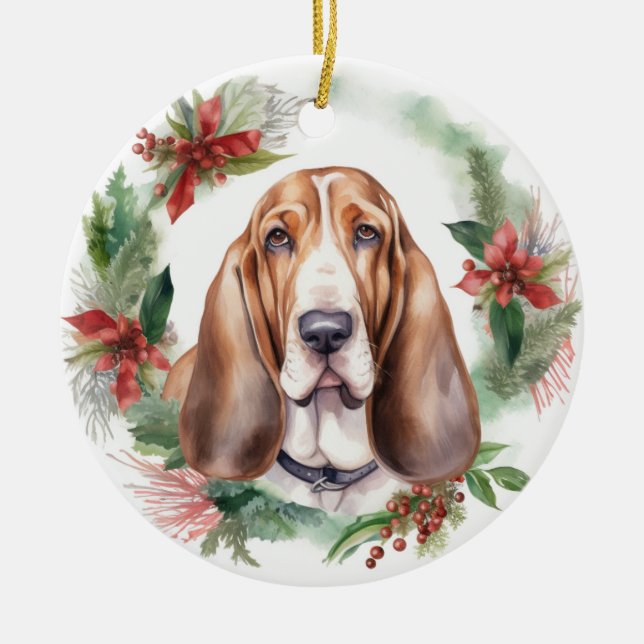 Adorno De Cerámica Navidades de Hound Basset Wreath Festimes Pup (Frente)