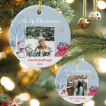 Adorno De Cerámica Navidades de Ilustracion de la familia de fotograf<br><div class="desc">Disfrute de la temporada con este acogedor diseño de ilustracion de invierno. Este moderno bifoto-keepsake es la manera perfecta de mostrar una memoria familiar favorita de este año de Navidades. Usted puede personalizar fácilmente este diseño agregando sus dos fotos, su nombre familiar, el año, y ajustando las fuentes y colores...</div>