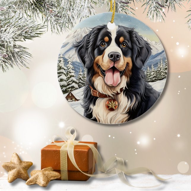 Adorno De Cerámica Navidades de invierno bonitos Bernese Mountain (Cute Winter Christmas Bernese Mountain Ceramic Ornament)