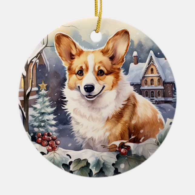 Adorno De Cerámica Navidades de invierno corgi (Frente)